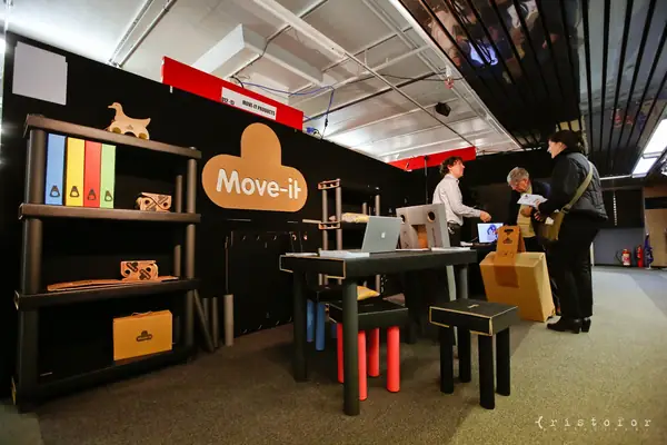 The Move-it stand with shelving and storage boxes at the British Invention Show 2014