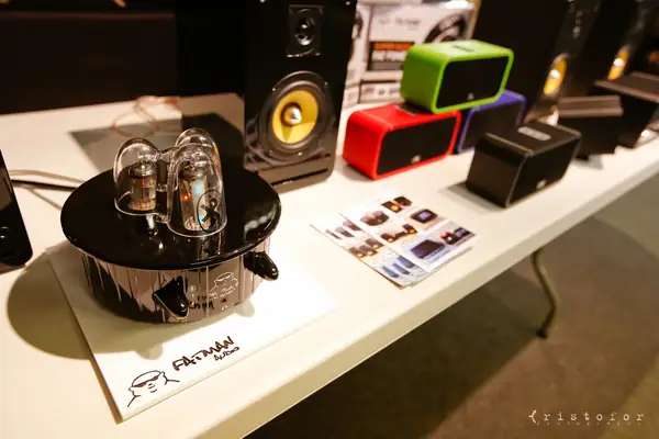 Valve amplifier and coloured speakers on the Fatman stand at the British Invention Show 2014