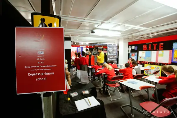 Sign for B.I.T.E. (Being Inventive Through Education), presenting the young inventors of Cypress Primary School, at the British Invention Show 2014