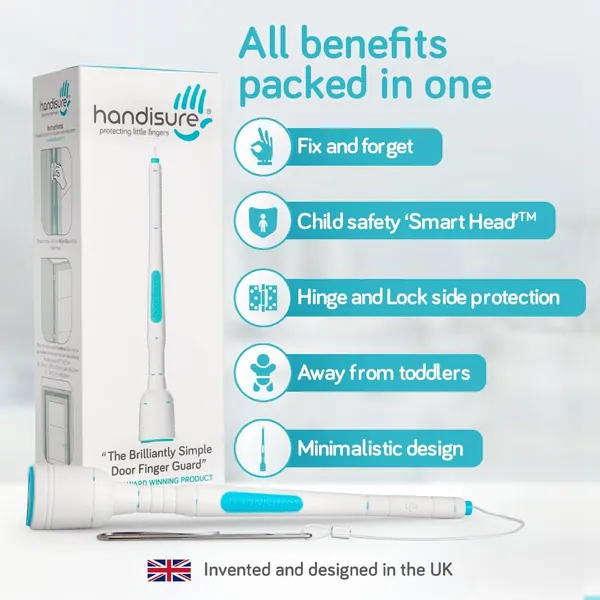 Handisure with its packaging: fix and forget, child safety Smart Head, hinge and lock side protection, away from toddlers, minimalistic design; invented and designed in the UK