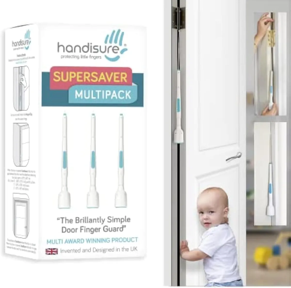 Handisure fitted at the top of a door hinge while a toddler holds the open door