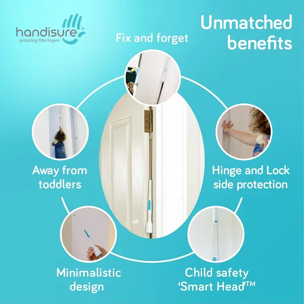 Handisure fitted to an internal door: fix and forget, away from toddlers, hinge and lock side protection, minimalistic design and child safety Smart Head