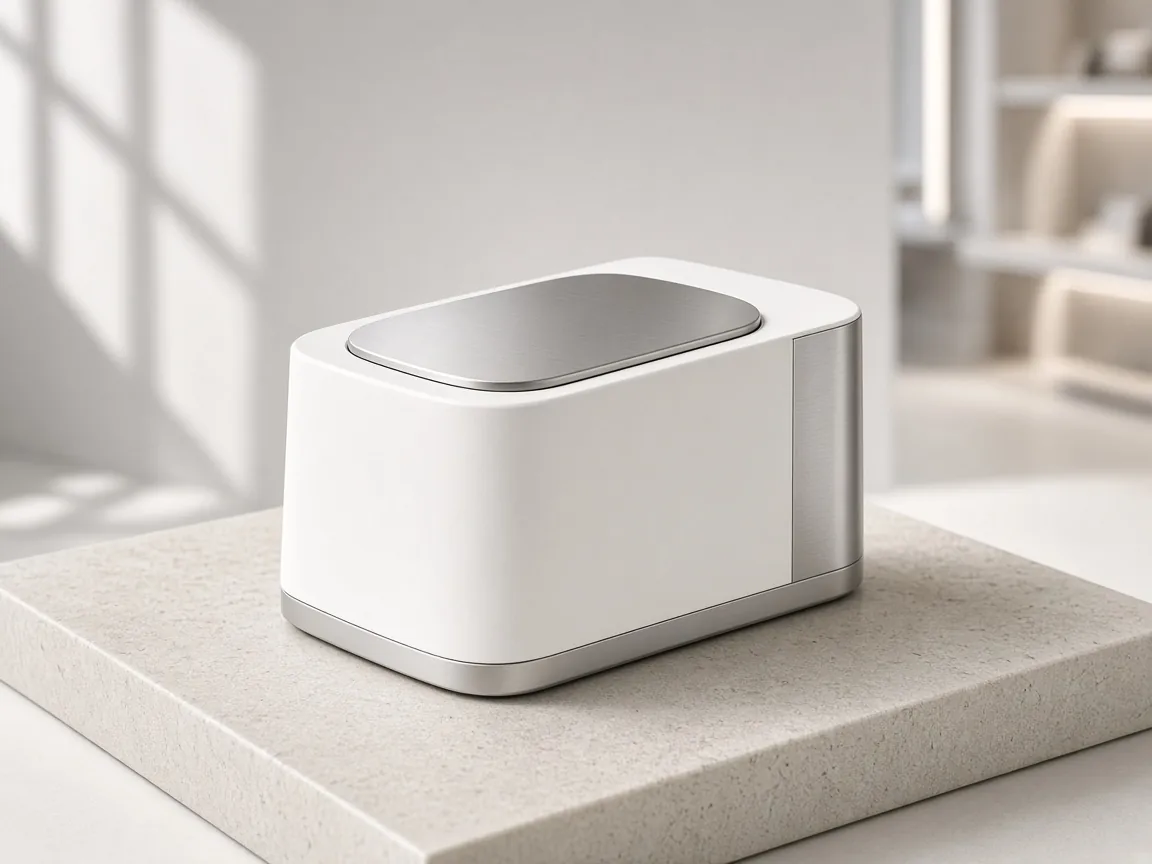 Minimal product prototype on a stone plinth