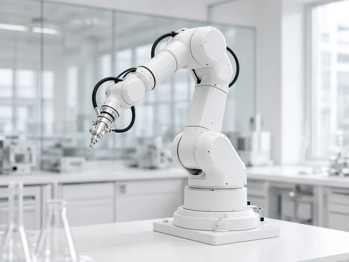 White robotic arm in a bright research lab